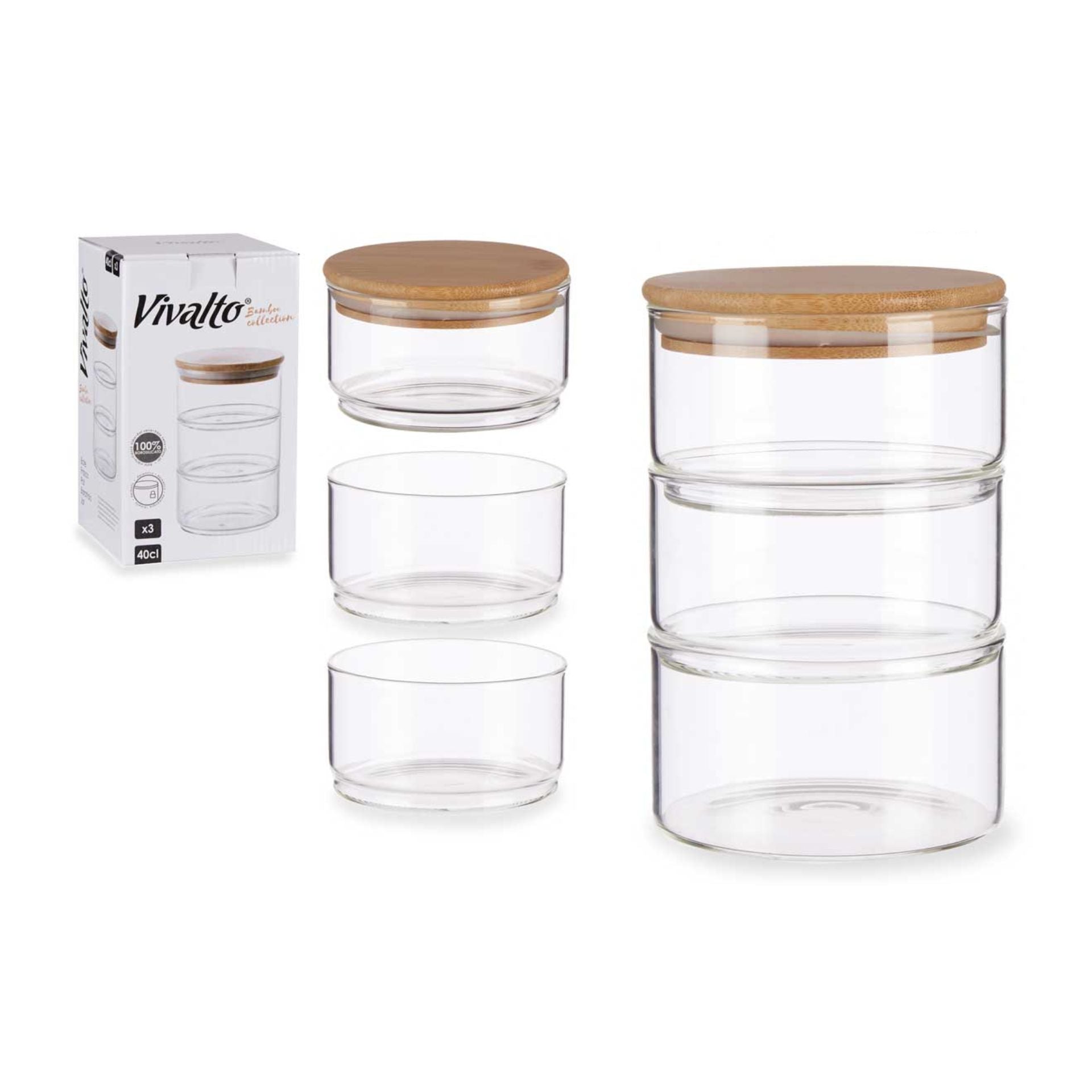 Set 3 Kavanoz qelqi me kapak Bamboo 1200 ml