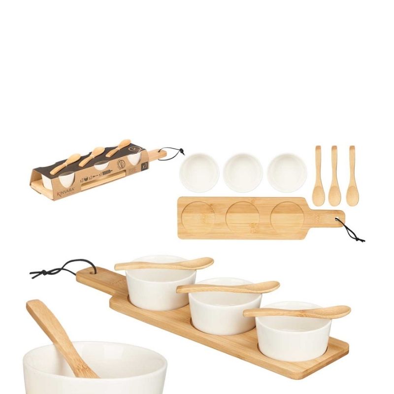 Set 3 tasa me lugë dhe tabaka BAMBOO