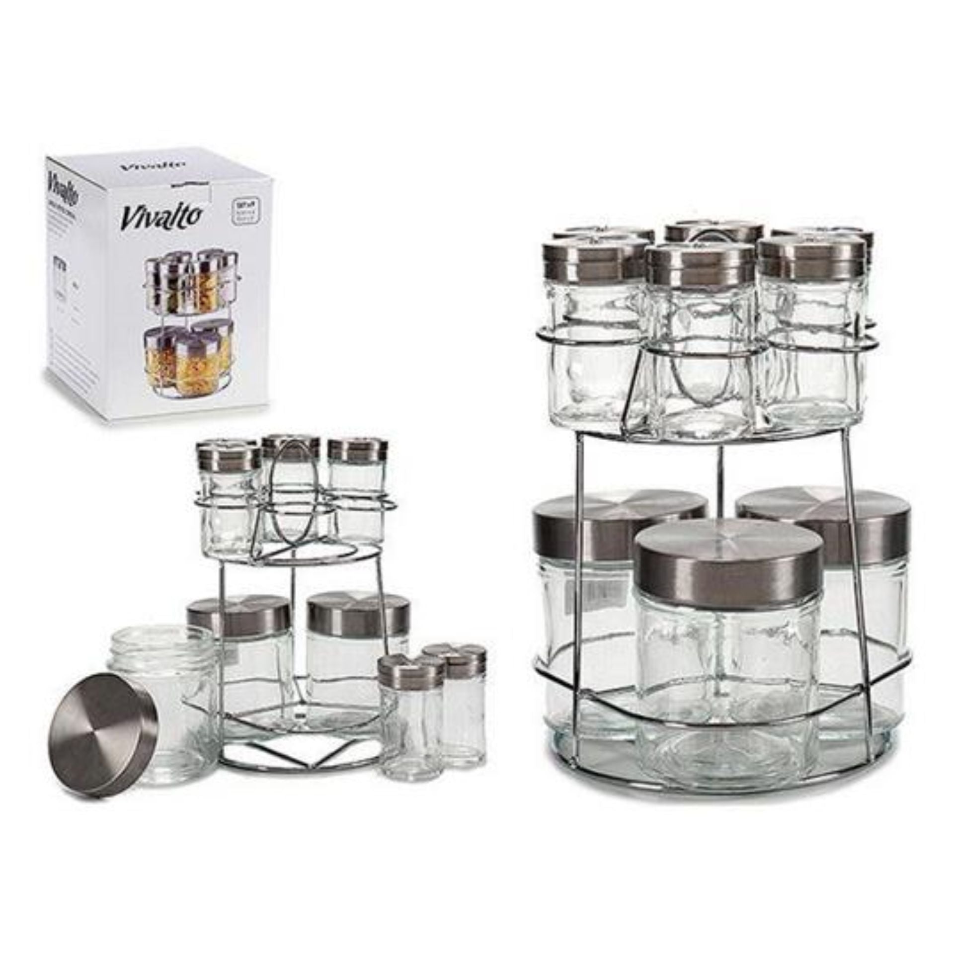 Set mbajtëse + 9 kavanoza qelqi për erëza