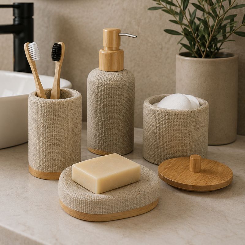 Oval soap dish with mesh and bamboo effect Natural